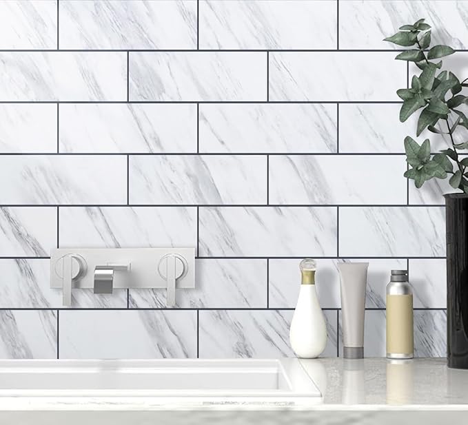 AULIGET 6" x 12" White Marble Peel and Stick Backsplash Wall Tiles, PVC Faux - Image 3