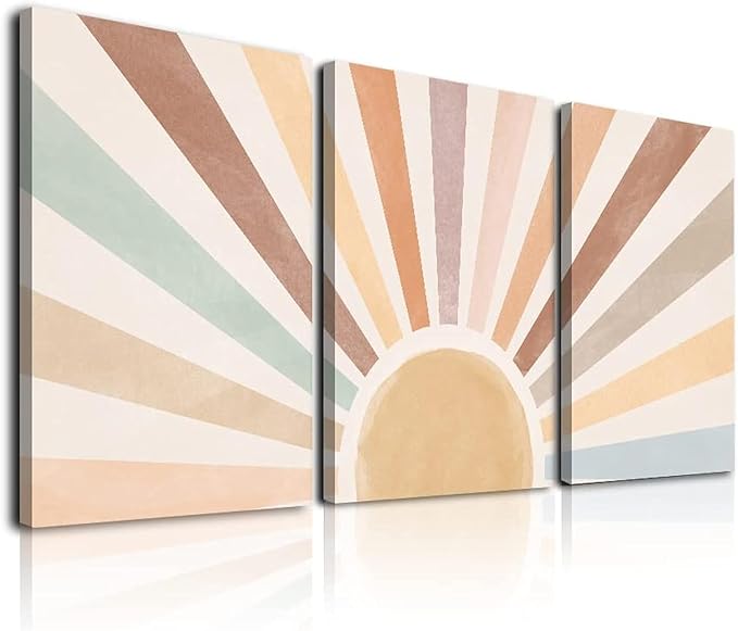 Boho Sun Wall Art Set of 3, Framed Canvas Wall Art Rainbow Sun Rising on the by KBKBART