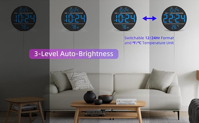 Digital Wall Clock with Large LED Display, Temperature, Auto-Brightness | Small - Image 5