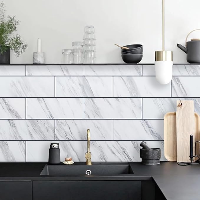 AULIGET 6" x 12" White Marble Peel and Stick Backsplash Wall Tiles, PVC Faux - Image 6