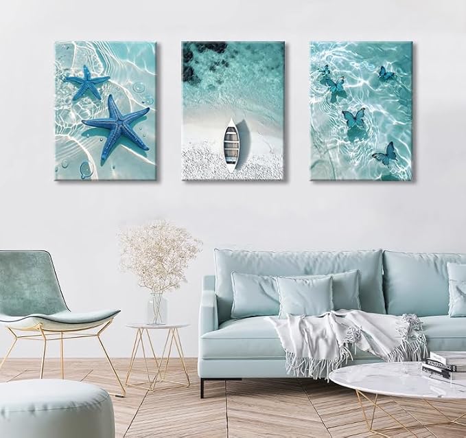 Ocean Wall Art Beach Canvas Print Starfish Shell on Teal Board Paintings - Image 2