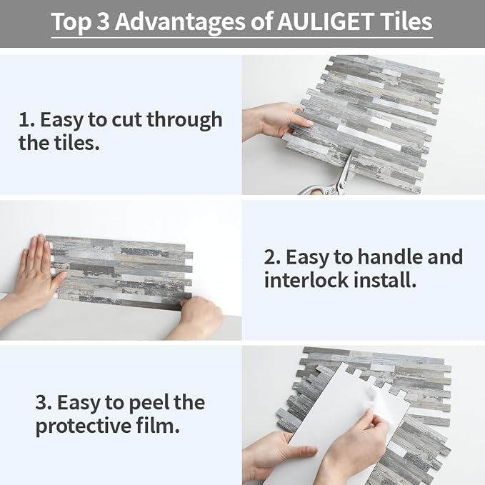 AULIGET 2-Sheet Peel and Stick Backsplash Wall Tiles, Distressed Wood Look PVC - Image 7