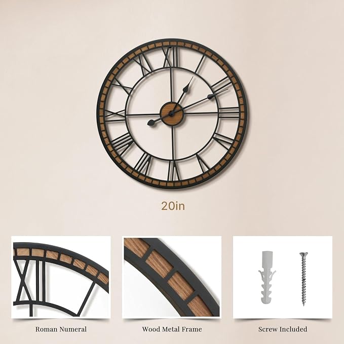 Micasso Large Farmhouse Wall Clock: 20 inch Modern Metal Black - Image 4