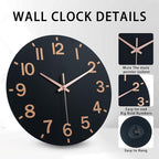 HZDHCLH Wall Clock 12 Inch Silent Non Ticking Wood Battery Operated Black - Image 2