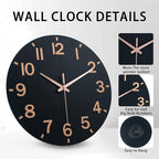 HZDHCLH Wall Clock 8 Inch Silent Non Ticking Wood Battery Operated Black Wooden - Image 2