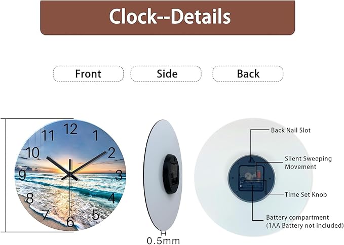 Blue Beach Wall Clock for Bedroom Glass Wall Clocks Battery Operated 12 Inch - Image 7