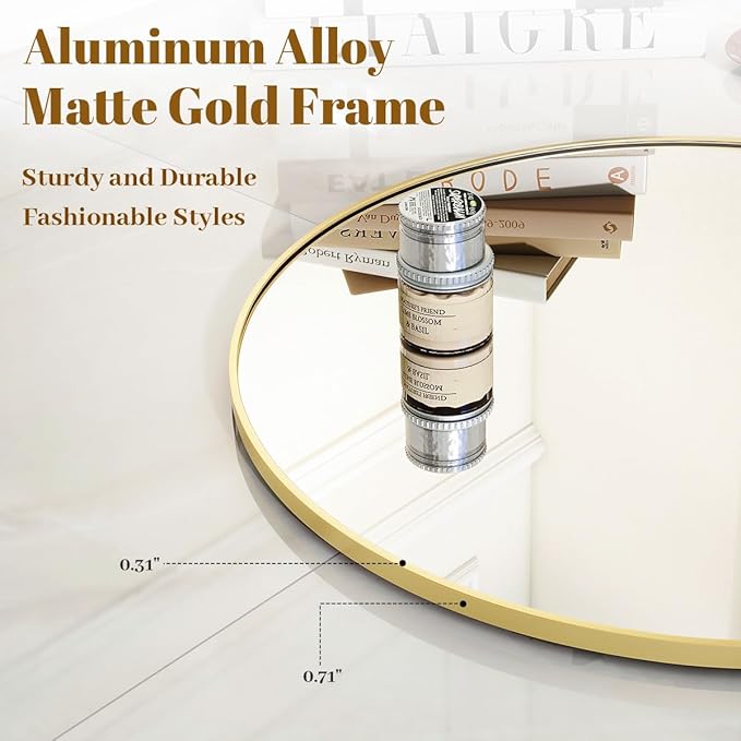 VooBang Gold Round Bathroom Mirror, 30 inch Circle Wall Mounted Hanging Mirror - Image 4