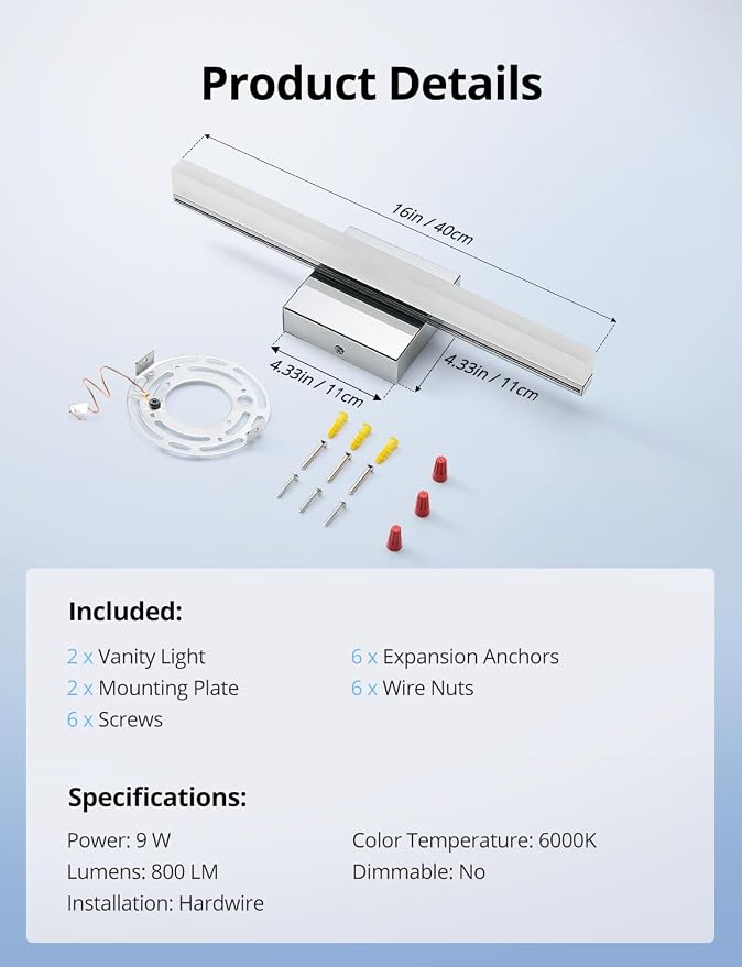 Combuh LED Bathroom Vanity Light Bar 16 Inch 9W IP44 Over Mirror Lighting - Image 9