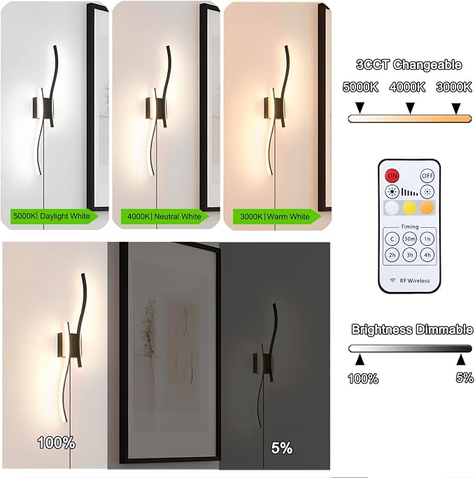 Daunton Modern Plug in Wall Sconce Set of 2, 3CCT Adjustable & Memory Function - Image 4