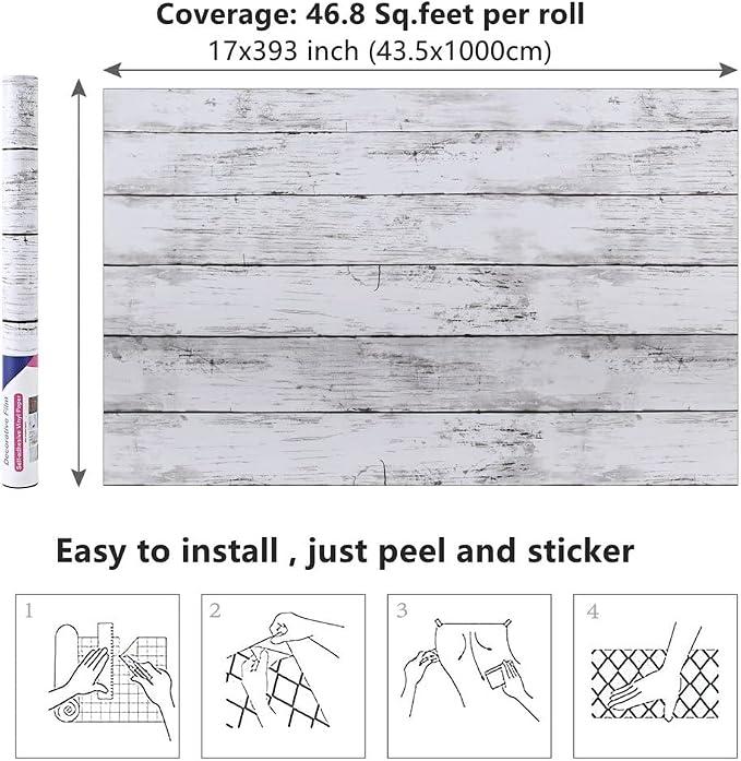 Arthome 17 x 393 inches White Gray, Peel and Stick Wallpaper, Wood Contact Paper - Image 7