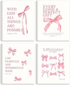 SEHSUVC Coquette Pink Bow Bible Verse Wall Art Set of 4, Christian Scripture by Unknown
