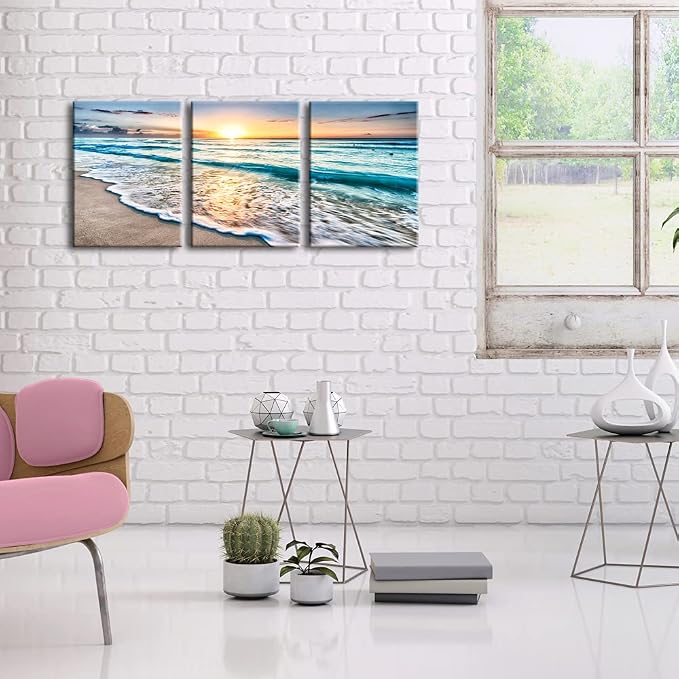 Wieco Art 3 Panel Blue Beach Canvas Wall Art - Image 2