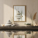 Wooden Frame Zen Stone Canvas Wall Art, Stacked Stones in Water Poster Print. - Image 5