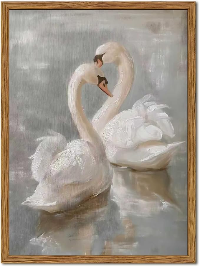 Framed Vintage Swan Canvas Wall Art, Romantic White Swan Paintings Wall Decor by Unknown