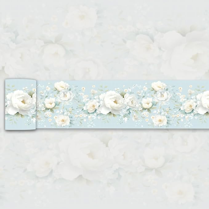 3D Floral Wallpaper Border White Peony Peel and Stick Light Blue Wall Border by WEISENI