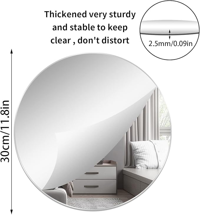 12'' Round Wall Mirror Tiles High Clear Reflecticon Self Adhesive Acrylic - Image 2