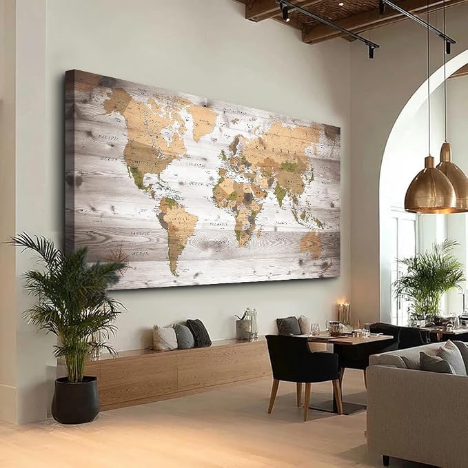 Large Wall Art grey map of The World Painting Ready to Hang 29"x58"Large Framed - Image 4