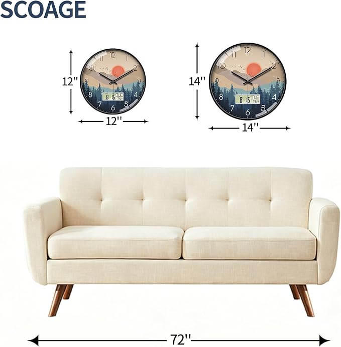 14" Silent Non-Ticking Wall Clock, Mid-Century Modern Wilderness Sunset - Image 2
