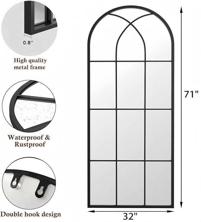 Dewfig 71"x32" Arched Window pane Full Length Mirror, Wall Mirror, Floor - Image 7