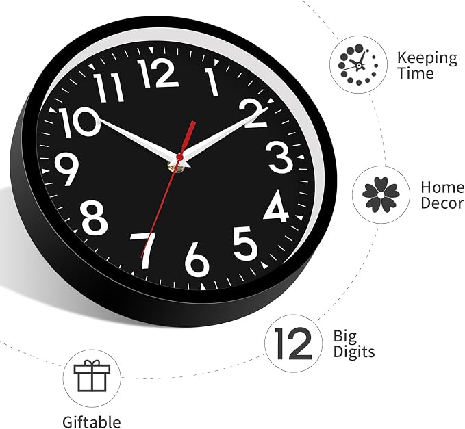 DAXSMY Wall Clock Black Battery Operated 10 Inch Simpel Silent Non Ticking - Image 8