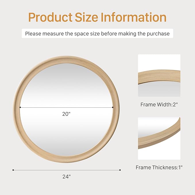 CULER Round Wall Mirrors 24 Inch, Natural Rustic Decorative Transitional Mirror - Image 7
