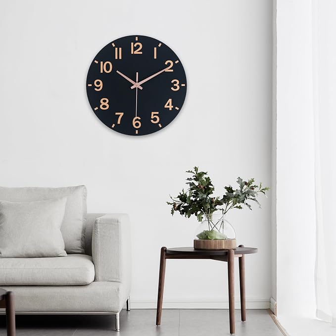 HZDHCLH Wall Clock 12 Inch Silent Non Ticking Wood Battery Operated Black - Image 9