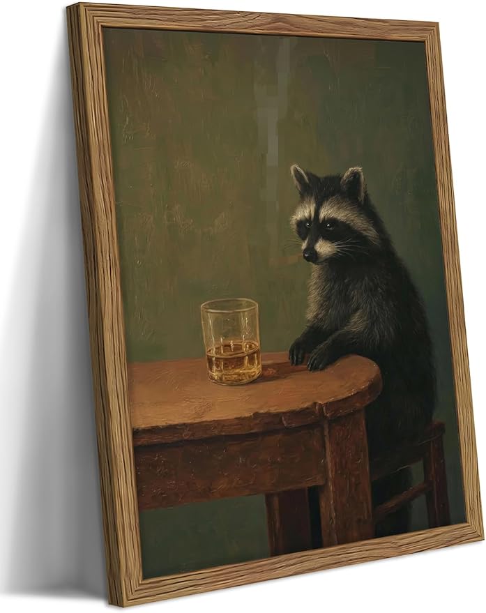 Framed Vintage Raccoon Wall Art, Funny Animal Canvas Wall Decor Paintings by Unknown