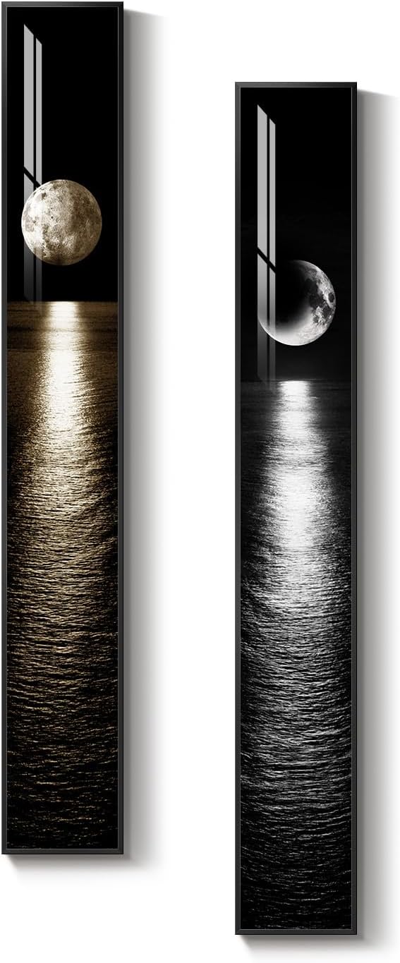Framed Long Narrow Vertical Moon Wall Art Set of 2, Modern Black White Gold - Image 8