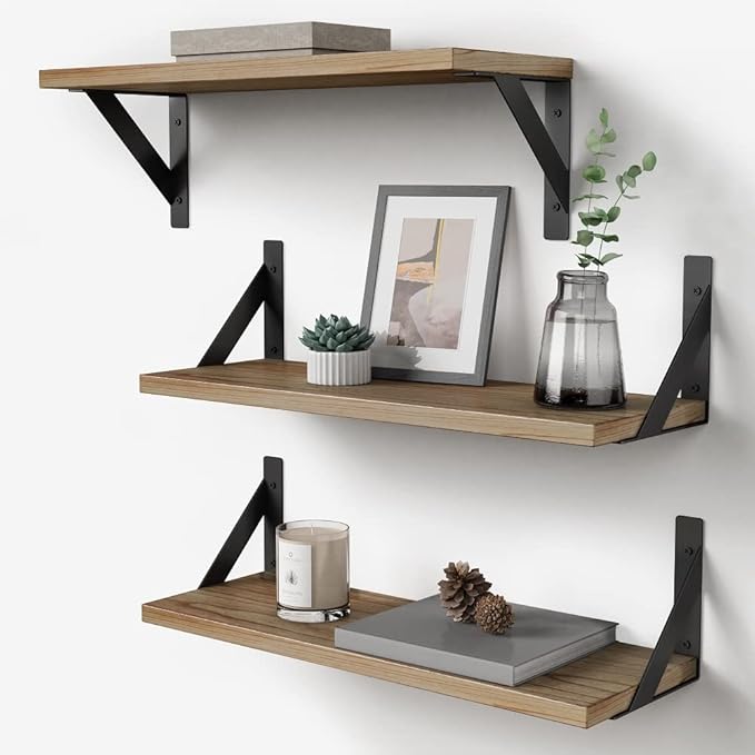 Floating Shelves with Black Metal Brackets Set of 3, Light Wood Wall Bookshelf by Forbena