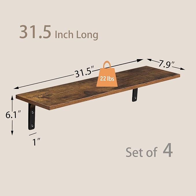DINZI LVJ Long Wall Shelves, 31.5Inch Wall Mounted Shelves Set of 4, Extra - Image 3