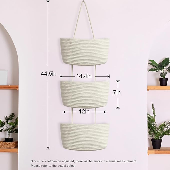 TeoKJ Over the Door Hanging Basket, 3-Tier Woven Cotton Wall-Mounted Storage - Image 8