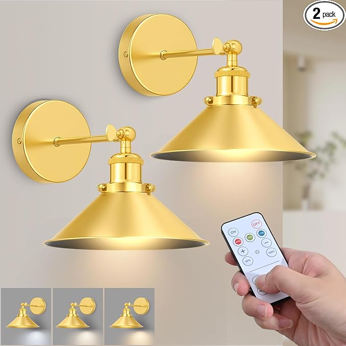 Gold Battery Operated Wall Sconce Set of 2, Vintage Wireless Wall Sconces by Unknown