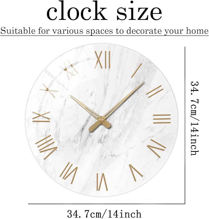 Round Marble Battery Wall Clock Modern 14 Inch White Minimalist Wall Clock - Image 5
