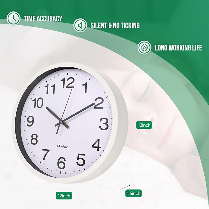 Wall Clock 12 Inch Metal Finish Silent Non Ticking Indoor Clock Round Battery - Image 3
