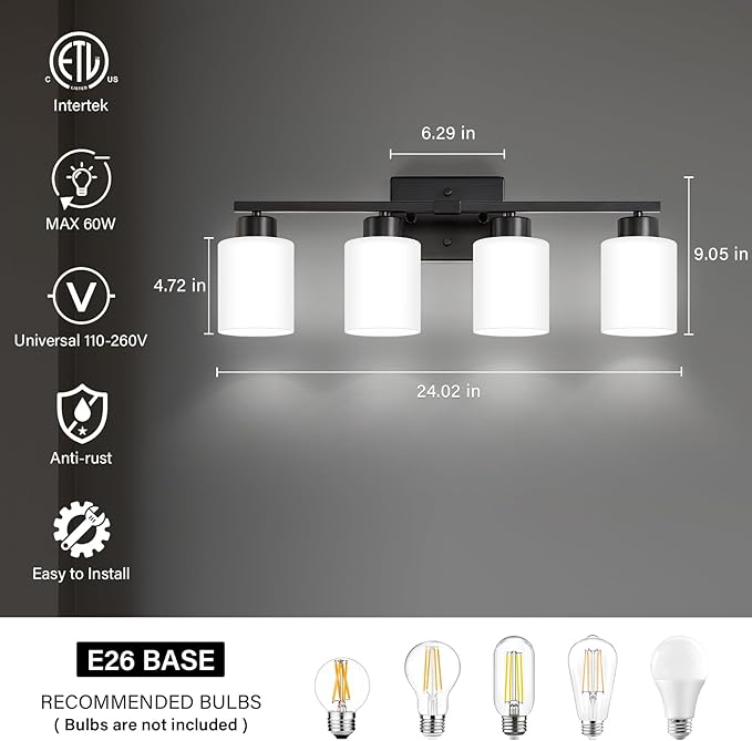 FonmYim Black Bathroom Light Fixtures, 4-Light Modern Vanity Light Over Mirror - Image 2