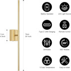 Battery Operated Wall Sconce, 3000K-6000K Dimmable Gold Wall Lights - Image 6