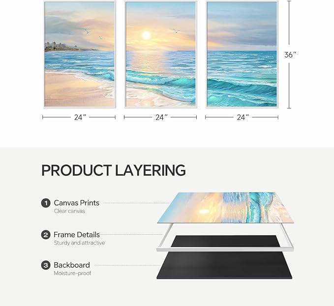 Framed Coastal Beach Wall Art for Living Room, Large 3 Piece Blue Ocean Canvas - Image 8