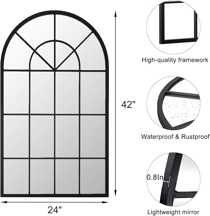 Dewfig Arch Wall Mirror Mounted Decorative, Arched Window Pane Mirror - Image 4