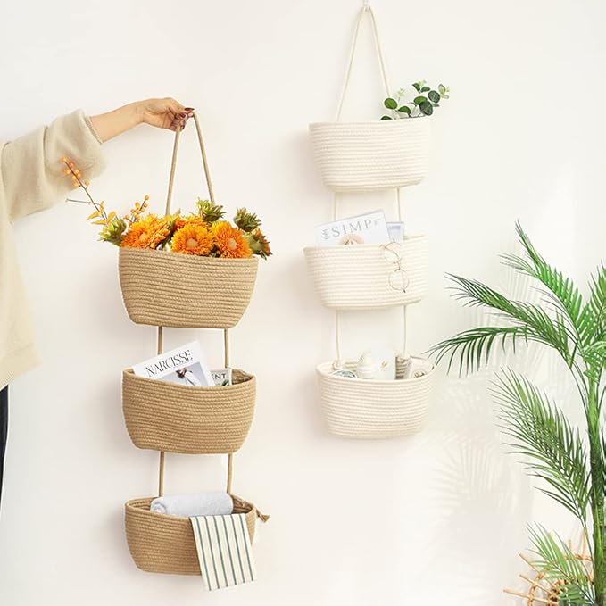 TeoKJ Over the Door Hanging Basket, 3-Tier Woven Cotton Wall-Mounted Storage - Image 2