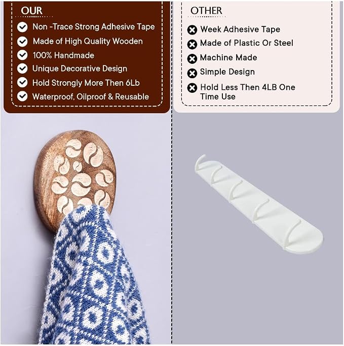 IndianShelf 6 Lb- 24 Pieces Decorative Wood Adhesive Wall Hooks–Boho Peel and - Image 4