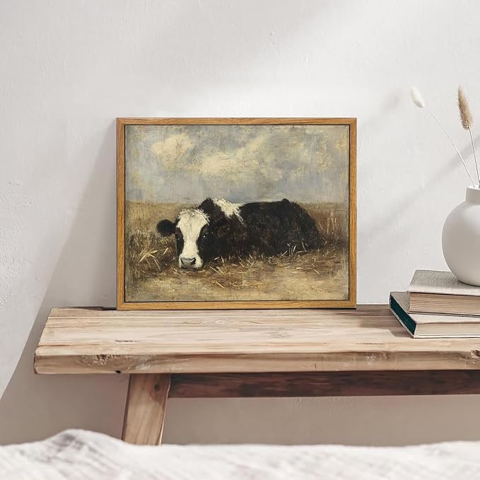 AtterrirArt Vintage Framed Wall Art, Rustic Cow Picture Painting Print - Image 3