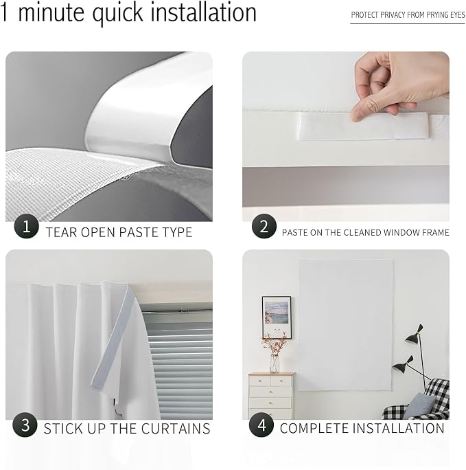 Thermal Blackout Curtains with Self-Adhesive Tape, No Rod No Drill Easy Install - Image 4