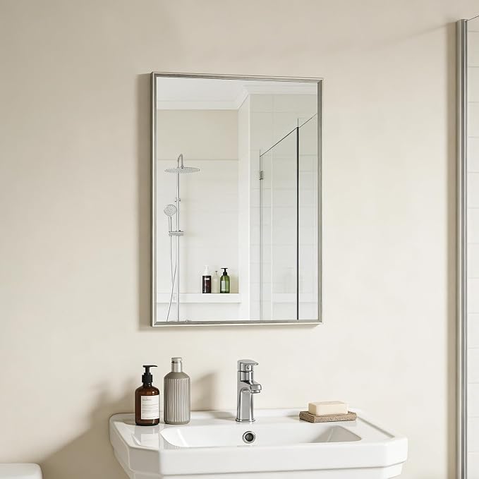 Bathroom Mirror for Wall, 16x24 Inch Metal Framed Mirror, Brushed Nickel - Image 3
