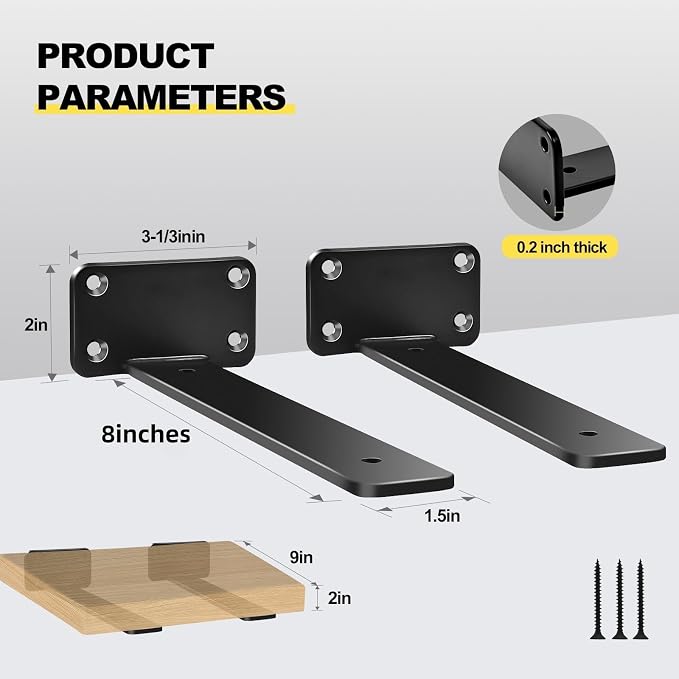 12 Pack - 8 inch Black Hidden L Shelf Bracket Iron Floating Shelf Brackets - Image 2