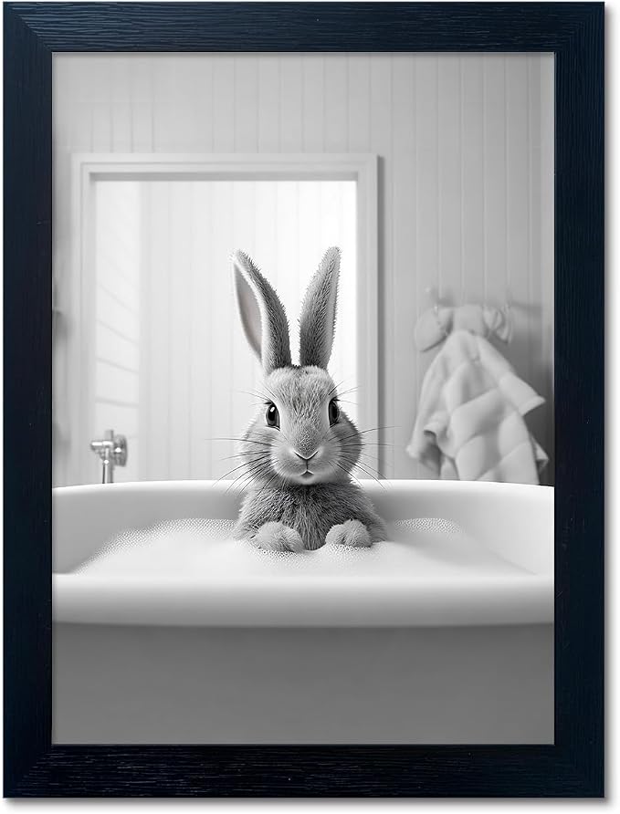 Kids Bathroom Wall Art Black and White Cute Animal Canvas Print Painting Funny by Melpa+Art