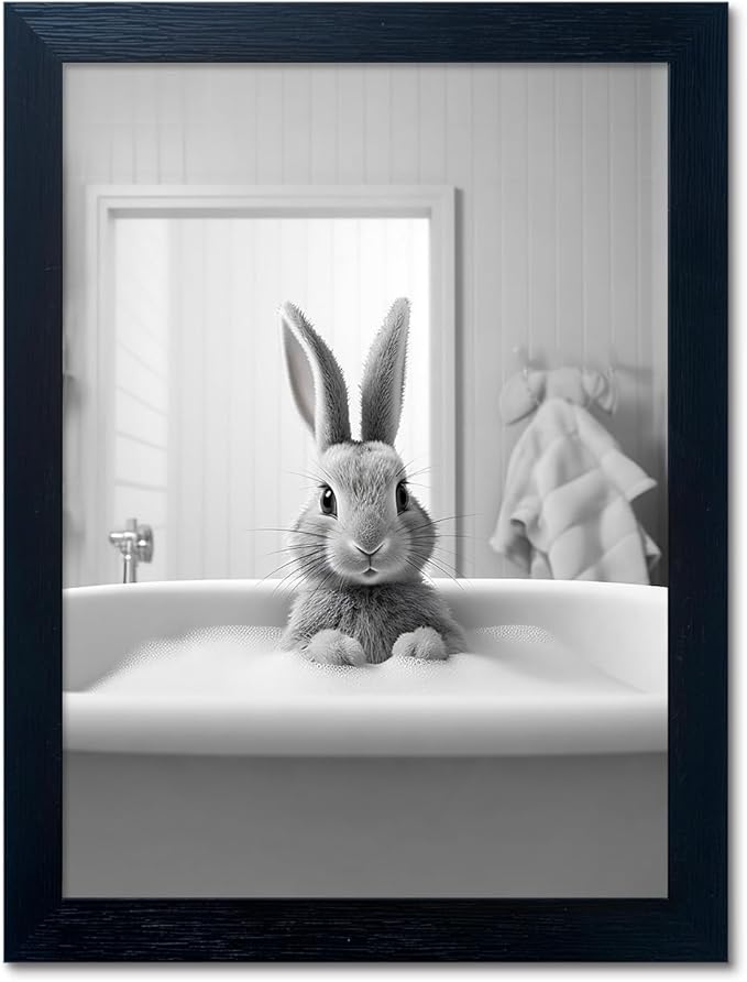 Kids Bathroom Decor, Funny Rabbit in Bathtub, Framed Farmhouse Picture Wall by Melpa+Art