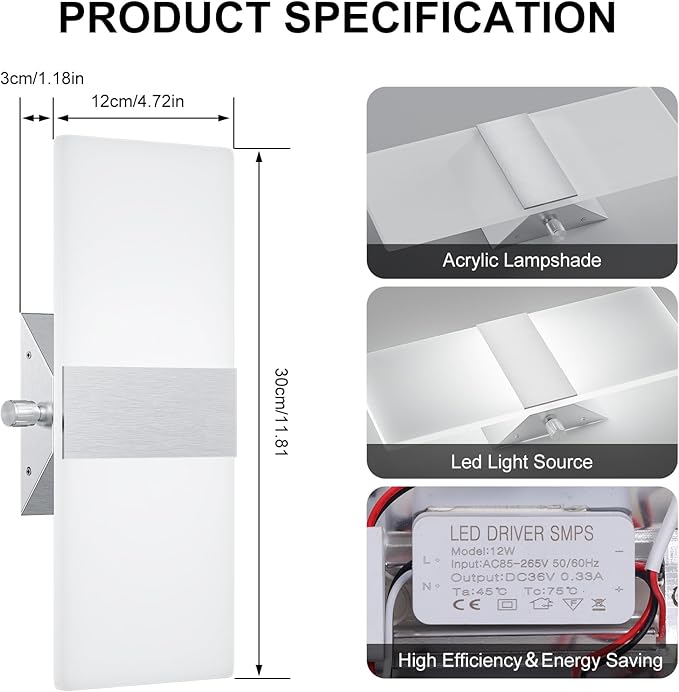 ChangM Modern Wall Sconces Set of Two, 12W Acrylic Led Wall Light, Equipped - Image 6