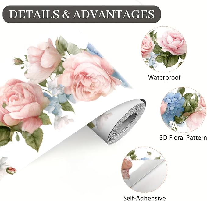 Floral Rose Wallpaper Border 196x4 Inch Peel and Stick Wall Border Pink Blue - Image 9