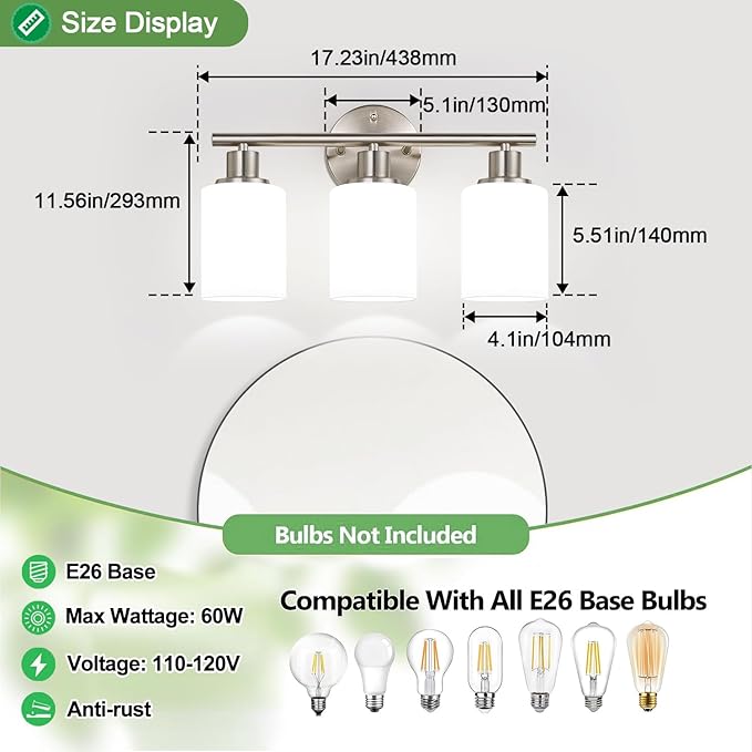 Zarbitta 3-Light Bathroom Light Fixtures, Brushed Nickel Vanity Light, - Image 7