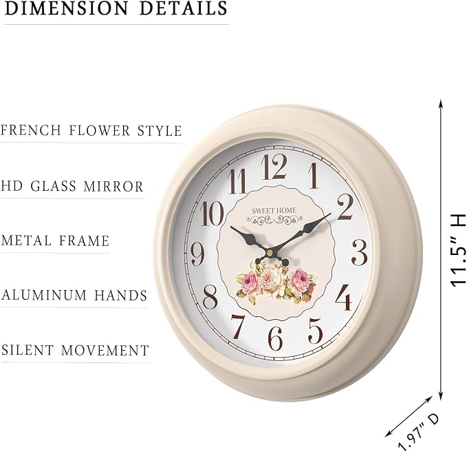 Abdurey Sweet French Rose Style Wall Clock, Battery Operated Silent, Creamy - Image 3